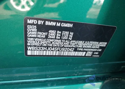 2025 BMW M3 Competition xDrive z USA, uszkodzony, nr VIN WBS33HJ04SFU92042